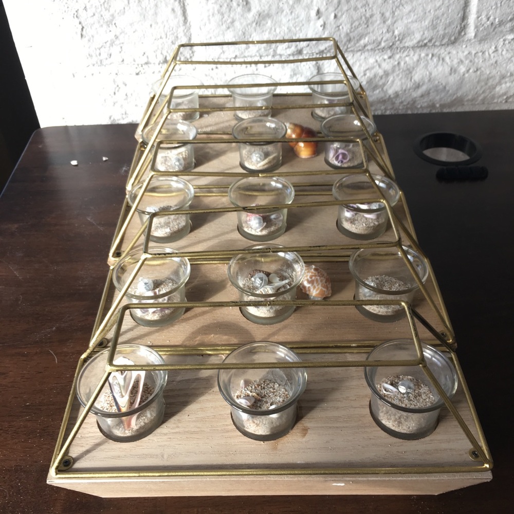 Gold and wood geometric candle holders